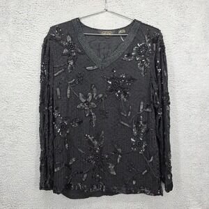 Megere Black Beaded Sequin Floral Long Sleeve V Neck Silk Top Women's Large